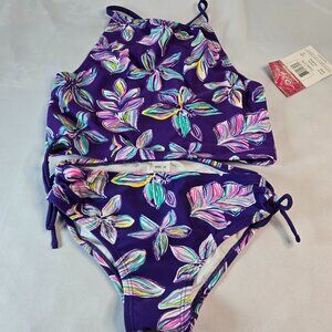 KANU SURF Girls Daisy Sport Halter Tankini 2 Piece Swimsuit Sz 16 Floral Purple